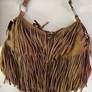 Brown Suede Hobo Bag with Fringe Detailing